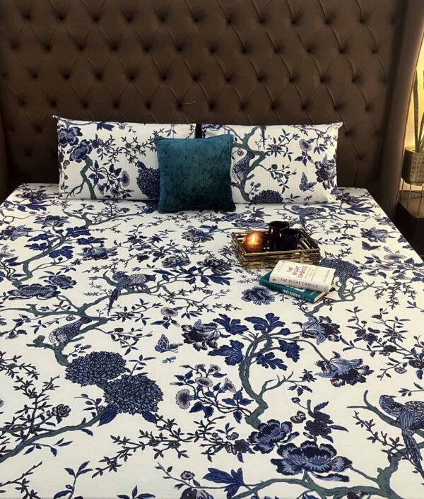 Tranquil Elegance: Blue Floral and Leaf Jaal Pure Cotton Bedsheet